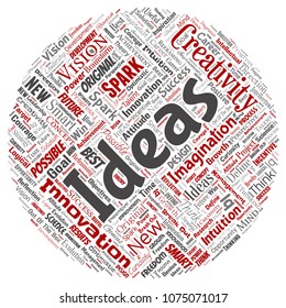 Vector conceptual creative idea brainstorming human round circle red word cloud isolated background. Collage of spark creativity original, innovation vision, think, achievement or smart genius concept