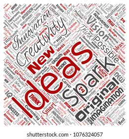 Vector conceptual creative idea brainstorming human square red word cloud isolated background. Collage of spark creativity original, innovation vision, think, achievement or smart genius concept