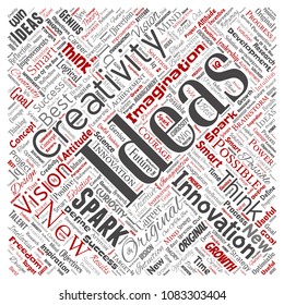 Vector conceptual creative idea brainstorming human square red word cloud isolated background. Collage of spark creativity original, innovation vision, think, achievement or smart genius concept