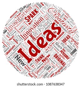 Vector conceptual creative idea brainstorming human round circle red word cloud isolated background. Collage of spark creativity original, innovation vision, think, achievement or smart genius concept