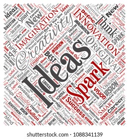 Vector conceptual creative idea brainstorming human square red word cloud isolated background. Collage of spark creativity original, innovation vision, think, achievement or smart genius concept