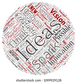 Vector conceptual creative idea brainstorming human round circle red word cloud isolated background. Collage of spark creativity original, innovation vision, think, achievement or smart genius concept