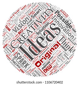 Vector conceptual creative idea brainstorming human round circle red word cloud isolated background. Collage of spark creativity original, innovation vision, think, achievement or smart genius concept
