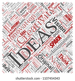 Vector conceptual creative idea brainstorming human square red word cloud isolated background. Collage of spark creativity original, innovation vision, think, achievement or smart genius concept