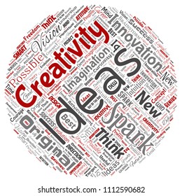 Vector conceptual creative idea brainstorming human round circle red word cloud isolated background. Collage of spark creativity original, innovation vision, think, achievement or smart genius concept