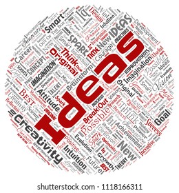 Vector conceptual creative idea brainstorming human round circle red word cloud isolated background. Collage of spark creativity original, innovation vision, think, achievement or smart genius concept