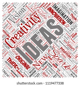 Vector conceptual creative idea brainstorming human square red word cloud isolated background. Collage of spark creativity original, innovation vision, think, achievement or smart genius concept