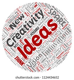 Vector conceptual creative idea brainstorming human round circle red word cloud isolated background. Collage of spark creativity original, innovation vision, think, achievement or smart genius concept