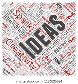 Vector conceptual creative idea brainstorming human square red word cloud isolated background. Collage of spark creativity original, innovation vision, think, achievement or smart genius concept