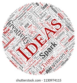 Vector conceptual creative idea brainstorming human round circle red word cloud isolated background. Collage of spark creativity original, innovation vision, think, achievement or smart genius concept