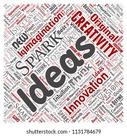 Vector conceptual creative idea brainstorming human square red word cloud isolated background. Collage of spark creativity original, innovation vision, think, achievement or smart genius concept
