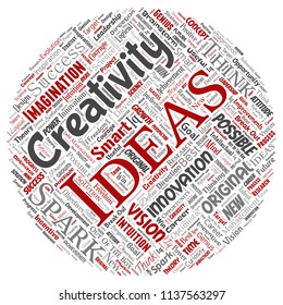 Vetor conceitual ideia criativa brainstorming humano círculo redondo vermelho palavra nuvem isolado fundo. Colagem de centelha criatividade original, visão de inovação, pensar, realização ou conceito de gênio inteligente