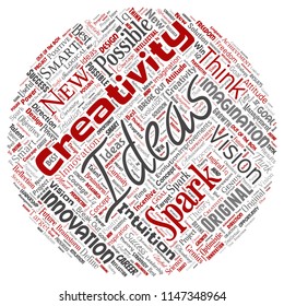 Vector conceptual creative idea brainstorming human round circle red word cloud isolated background. Collage of spark creativity original, innovation vision, think, achievement or smart genius concept