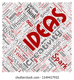 Vector conceptual creative idea brainstorming human square red word cloud isolated background. Collage of spark creativity original, innovation vision, think, achievement or smart genius concept