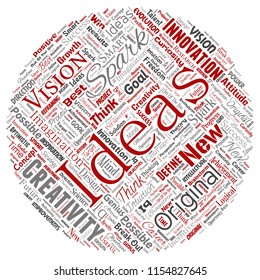 Vector conceptual creative idea brainstorming human round circle red word cloud isolated background. Collage of spark creativity original, innovation vision, think, achievement or smart genius concept