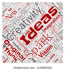 Vector conceptual creative idea brainstorming human square red word cloud isolated background. Collage of spark creativity original, innovation vision, think, achievement or smart genius concept