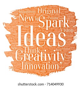 Vector conceptual creative idea brainstorming paint brush word cloud isolated background. Collage of spark creativity original, innovation vision, think, achievement or smart genius concept