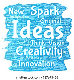 Vector conceptual creative idea brainstorming paint brush word cloud isolated background. Collage of spark creativity original, innovation vision, think, achievement or smart genius concept