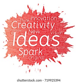 Vector conceptual creative idea brainstorming paint brush word cloud isolated background. Collage of spark creativity original, innovation vision, think, achievement or smart genius concept
