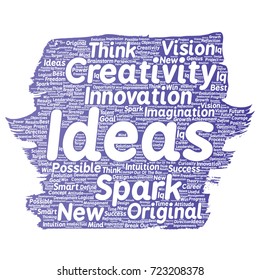 Vector conceptual creative idea brainstorming paint brush word cloud isolated background. Collage of spark creativity original, innovation vision, think, achievement or smart genius concept