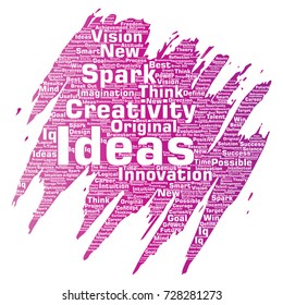 Vector conceptual creative idea brainstorming paint brush word cloud isolated background. Collage of spark creativity original, innovation vision, think, achievement or smart genius concept