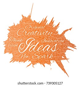 Vector conceptual creative idea brainstorming paint brush word cloud isolated background. Collage of spark creativity original, innovation vision, think, achievement or smart genius concept