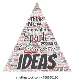 Vector conceptual creative idea brainstorming human triangle arrow word cloud isolated background. Collage of spark creativity original, innovation vision, think, achievement or smart genius concept