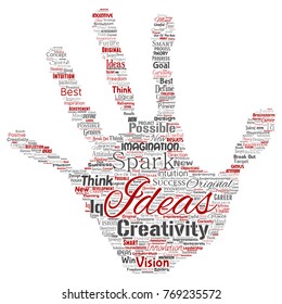 Vector conceptual creative idea brainstorming human hand print stamp word cloud isolated background. Collage of spark creativity original, innovation vision, think, achievement or smart genius concept