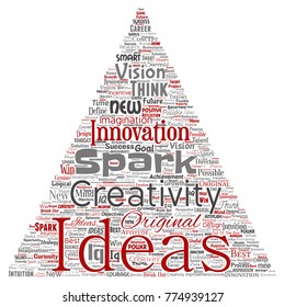 Vector conceptual creative idea brainstorming human triangle arrow word cloud isolated background. Collage of spark creativity original, innovation vision, think, achievement or smart genius concept