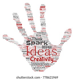 Vector conceptual creative idea brainstorming human hand print stamp word cloud isolated background. Collage of spark creativity original, innovation vision, think, achievement or smart genius concept