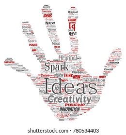 Vector conceptual creative idea brainstorming human hand print stamp word cloud isolated background. Collage of spark creativity original, innovation vision, think, achievement or smart genius concept