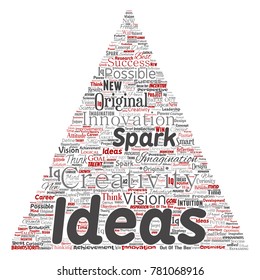 Vector conceptual creative idea brainstorming human triangle arrow word cloud isolated background. Collage of spark creativity original, innovation vision, think, achievement or smart genius concept