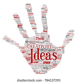 Vector conceptual creative idea brainstorming human hand print stamp word cloud isolated background. Collage of spark creativity original, innovation vision, think, achievement or smart genius concept