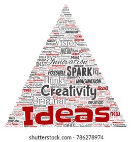 Vector conceptual creative idea brainstorming human triangle arrow word cloud isolated background. Collage of spark creativity original, innovation vision, think, achievement or smart genius concept