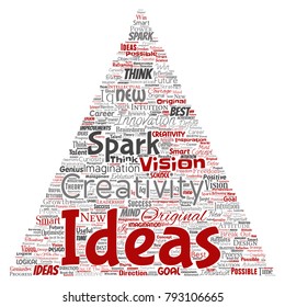Vector conceptual creative idea brainstorming human triangle arrow word cloud isolated background. Collage of spark creativity original, innovation vision, think, achievement or smart genius concept