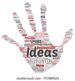 Vector conceptual creative idea brainstorming human hand print stamp word cloud isolated background. Collage of spark creativity original, innovation vision, think, achievement or smart genius concept