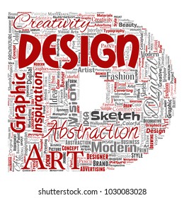 Vector conceptual creativity art graphic identity design visual letter font D word cloud isolated background. Collage of advertising, decorative, fashion, inspiration, vision, perspective modeling