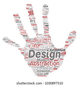 Vector conceptual creativity art graphic identity design visual hand print stamp word cloud isolated background. Collage of advertising, decorative, fashion, inspiration, vision, perspective modeling