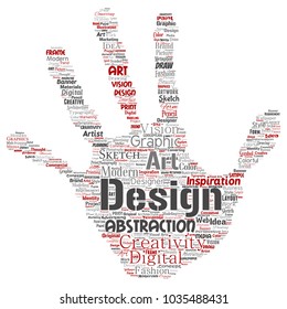 Vector conceptual creativity art graphic identity design visual hand print stamp word cloud isolated background. Collage of advertising, decorative, fashion, inspiration, vision, perspective modeling