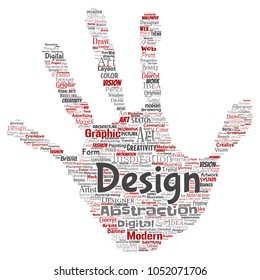Creatividad conceptual vectorial arte diseño de identidad gráfica estampado visual mano palabra nube fondo aislado. Collage de la publicidad, decorativa, moda, inspiración, visión, modelado de perspectiva