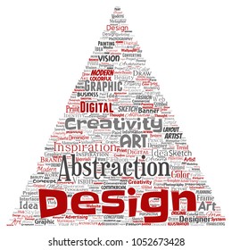 Vector conceptual creativity art graphic identity design visual triangle arrow word cloud isolated background. Collage of advertising, decorative, fashion, inspiration, vision, perspective modeling