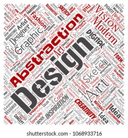 Vector conceptual creativity art graphic identity design visual square red word cloud isolated background. Collage of advertising, decorative, fashion, inspiration, vision, perspective modeling