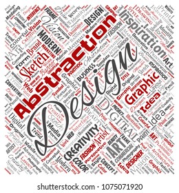 Vector conceptual creativity art graphic identity design visual square red word cloud isolated background. Collage of advertising, decorative, fashion, inspiration, vision, perspective modeling