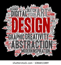 Vector conceptual creativity art graphic identity design visual paint brush paper word cloud isolated background. Collage of advertising, decorative, fashion, inspiration, vision, perspective modeling