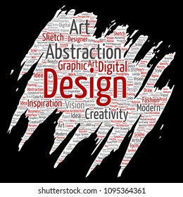 Vector conceptual creativity art graphic identity design visual paint brush paper word cloud isolated background. Collage of advertising, decorative, fashion, inspiration, vision, perspective modeling