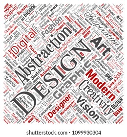 Vector conceptual creativity art graphic identity design visual square red word cloud isolated background. Collage of advertising, decorative, fashion, inspiration, vision, perspective modeling
