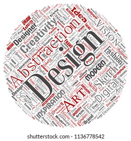 Vector conceptual creativity art graphic identity design visual round circle red word cloud isolated background. Collage of advertising, decorative, fashion, inspiration, vision, perspective modeling