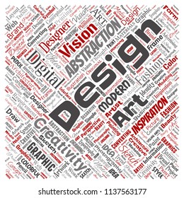 Vector conceptual creativity art graphic identity design visual square red word cloud isolated background. Collage of advertising, decorative, fashion, inspiration, vision, perspective modeling