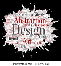 Vektorkonzeptuelle Kreativität Kunst grafische Identität Design visuelle Farbe Pinsel Papier Wort Cloud isolierten Hintergrund. Collage of advertising, dekorativ, mode, inspiration, vision, perspektivmodellierung