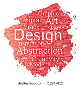 Vector conceptual creativity art graphic identity design visual paint brush word cloud isolated background. Collage of advertising, decorative, fashion, inspiration, vision, perspective modeling